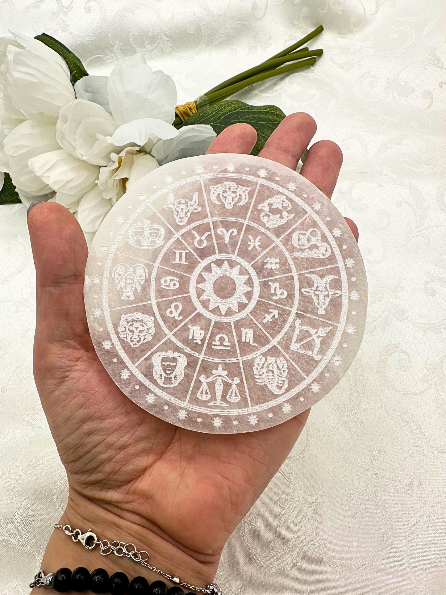 Piattino Selenite con Segni Zodiacali